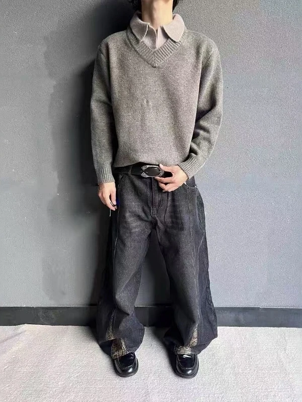 

Retro Knitted V-Ne Loose Fit Men's Sweater American Sle Casual Long Sve Top Warm Comfortable Faionable Loose Outerwear
