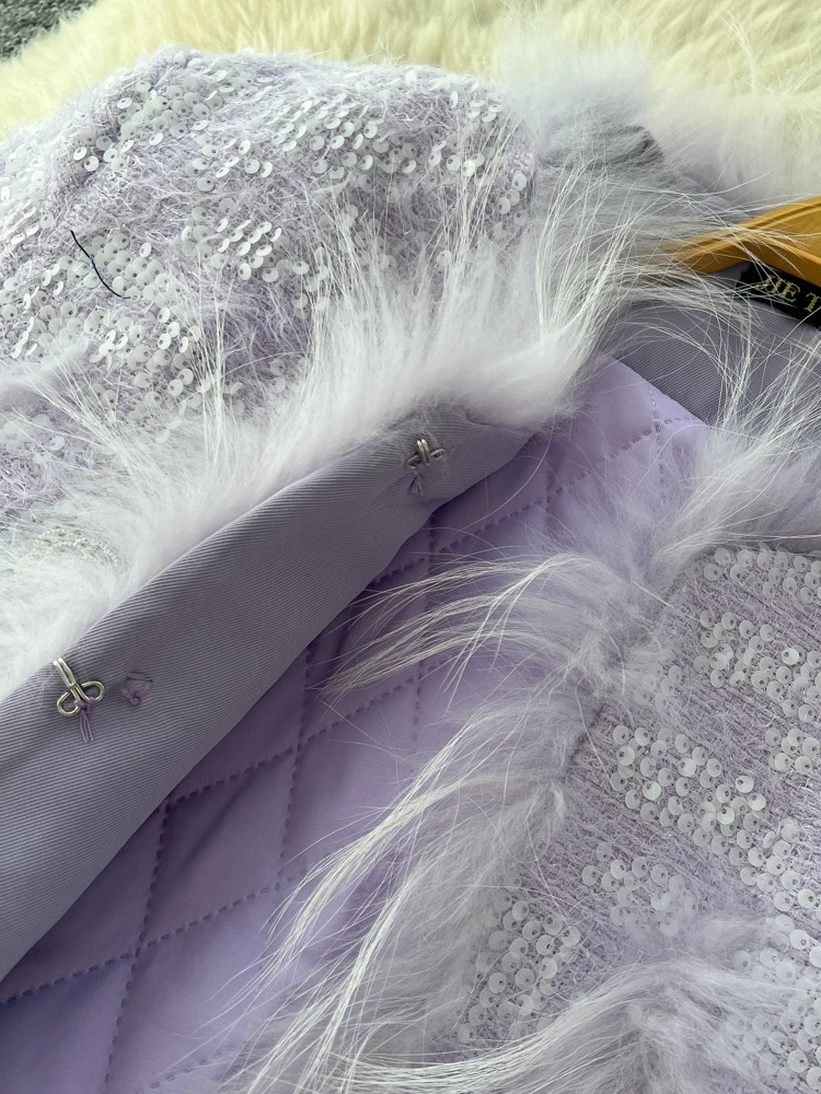 Französische Mode, elegantes 2-teiliges Set für Damen, schlank, glänzend, kurze Pailletten-Baumwolljacke + Rock mit hoher Taille, weiches weißes, schickes Luxus-Outfit