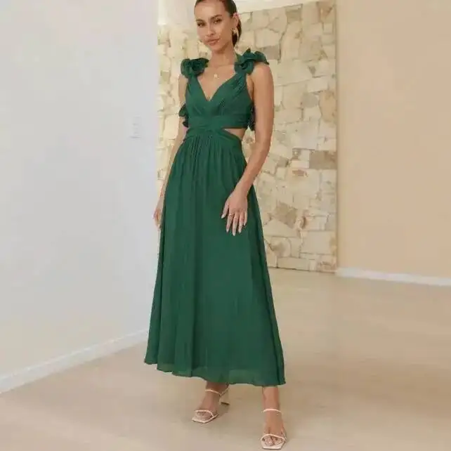 

Floral Summer 2026 Chiffon Pleated Flared Dress With Open Back And Cross Tie Strap Gown For Women