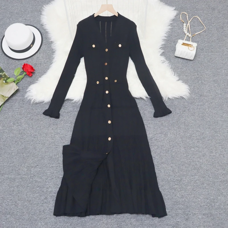 New Autumn Temperament Knitted Dress For Women French Fashion High-end Full Sleeve Elegant V-Neck Casual Knitting Long Dress