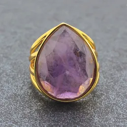Crystal Faceted Stone Ring For Women Men Natural Amethyst Lapis Lazuli Adjustable Fashion Wedding Engagement Party Gifts Jewelry