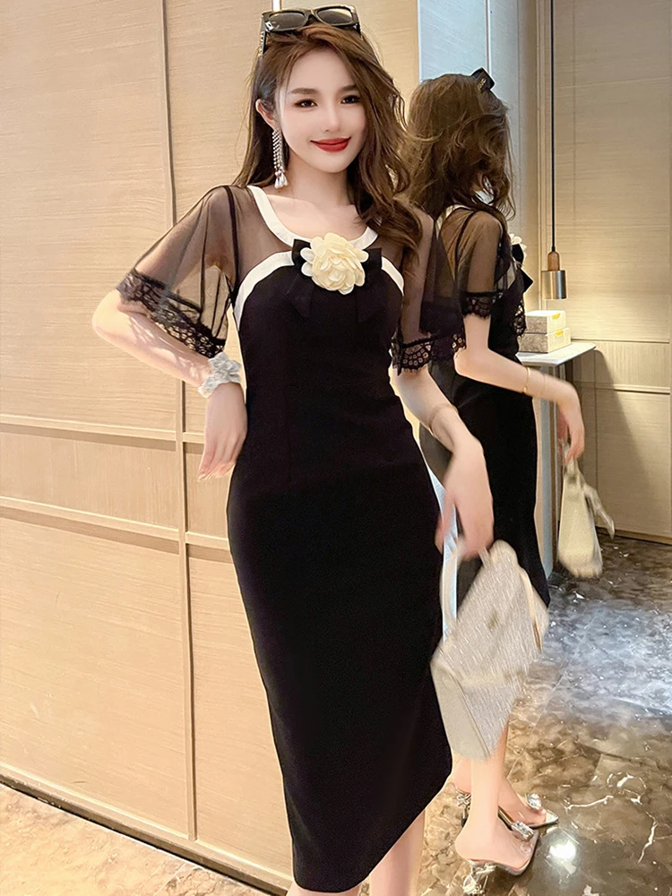 2023 Celebrity Style Sexy Dresses for Woman Black Sheer Mesh Spliced Flower Backless Midi Gown Female Party Robe Holiday Vestido