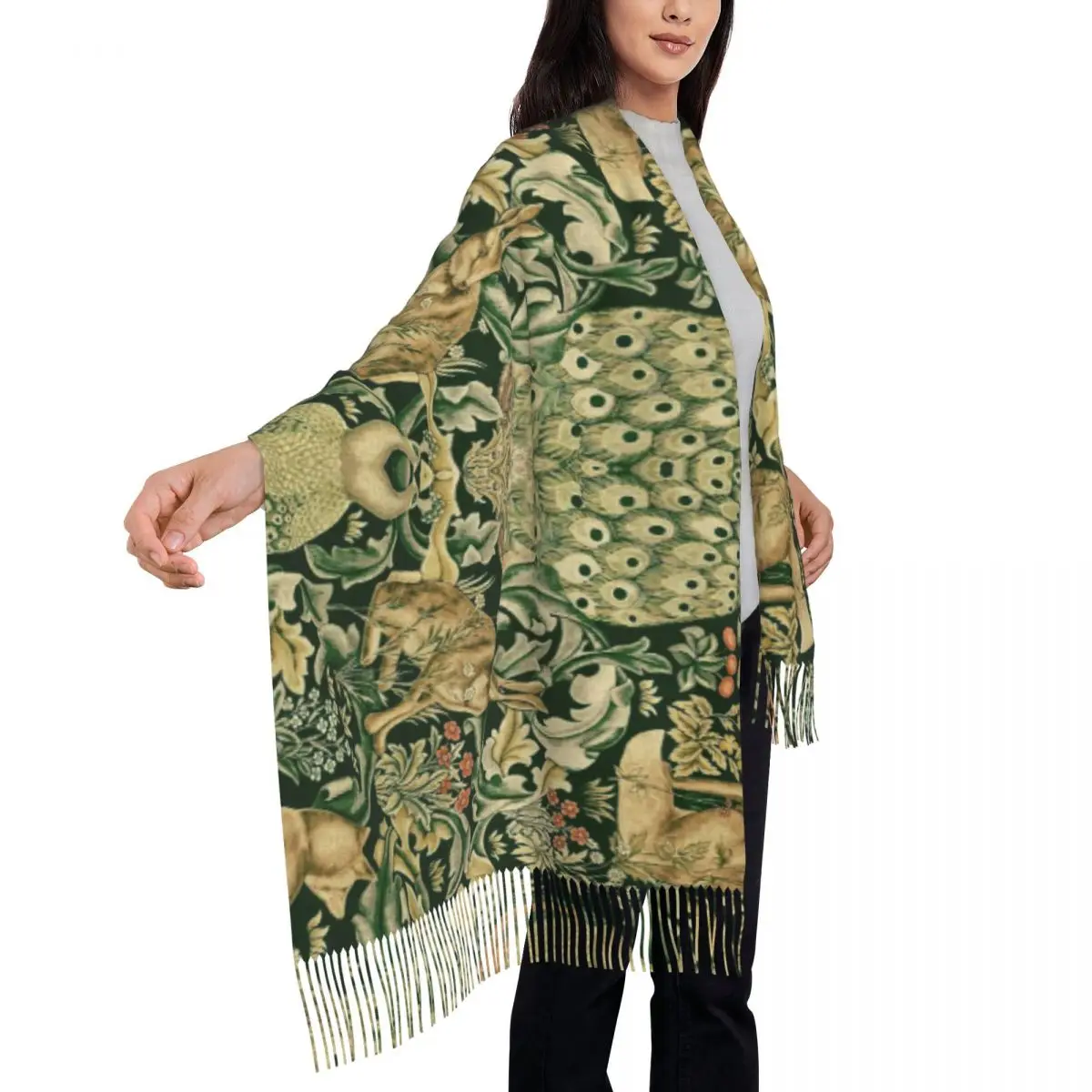 Luxury Peacocks And Fox By William Morris Tassel Scarf Winter Fall Warm Shawl Wrap Ladies Forest Animals Textile Pattern Scarves