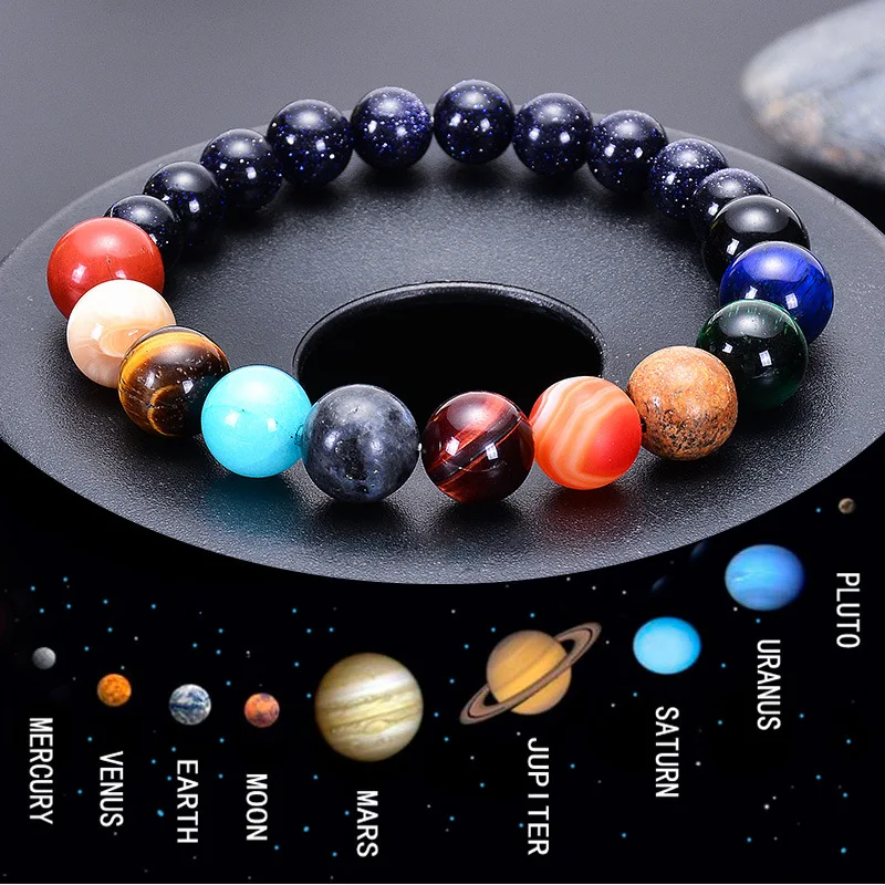 Damen Herren Naturstein 10-Planeten-Armband Noter Universum Sonnensystem-Armband Beste Freunde Geschenk für Sie/Ihn Yoga Bileklik