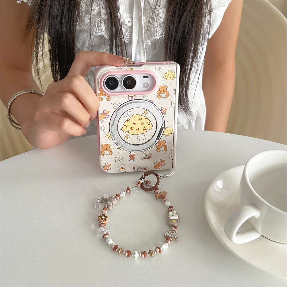 Korean INS Cute bear bowknot Pattern Folding Phone Case For iPhone Duo With 360° Magnetic Stand Shockproof cases For Magsafe