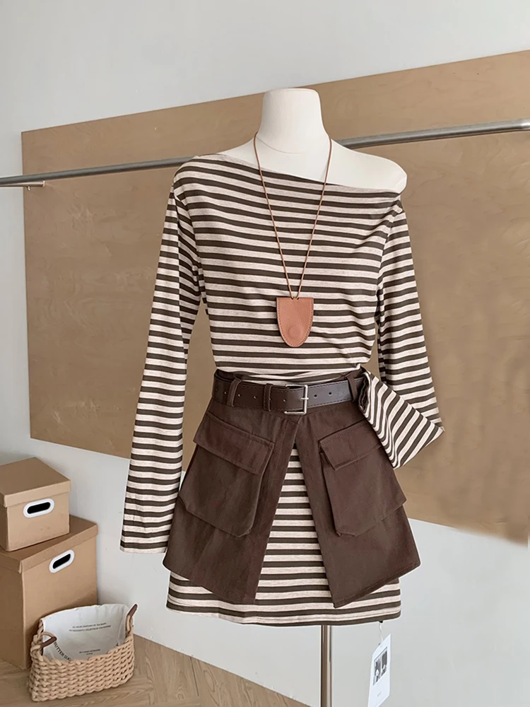 

Spring Autumn Korean Skew Collar Long Sleeved Striped T-shirt Dress Two-piece Set Women's New Pocket Dress Set S143