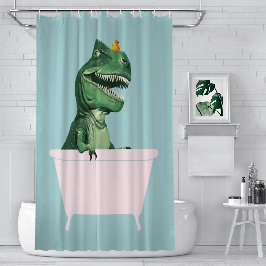 Playful T-Rex in Bathtub in Green Unique decor Modern Fabric Bathroom Shower Curtains art design Print Curtain