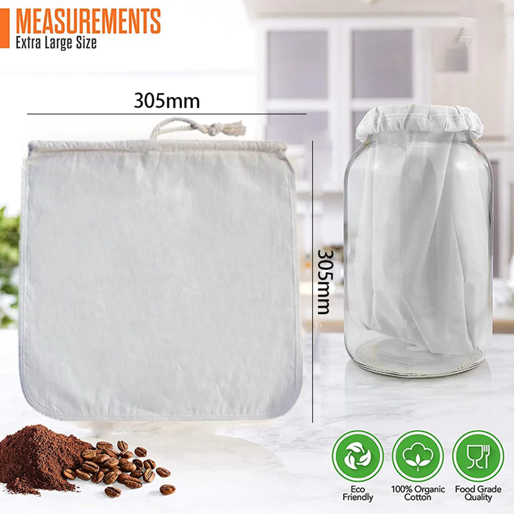ABMI-6 Pack Organic Reusable Cold Coffee Brew Filters Bag,12 Inch Wine Brewing Filters Eco-Friendly Mesh Cotton Filter,