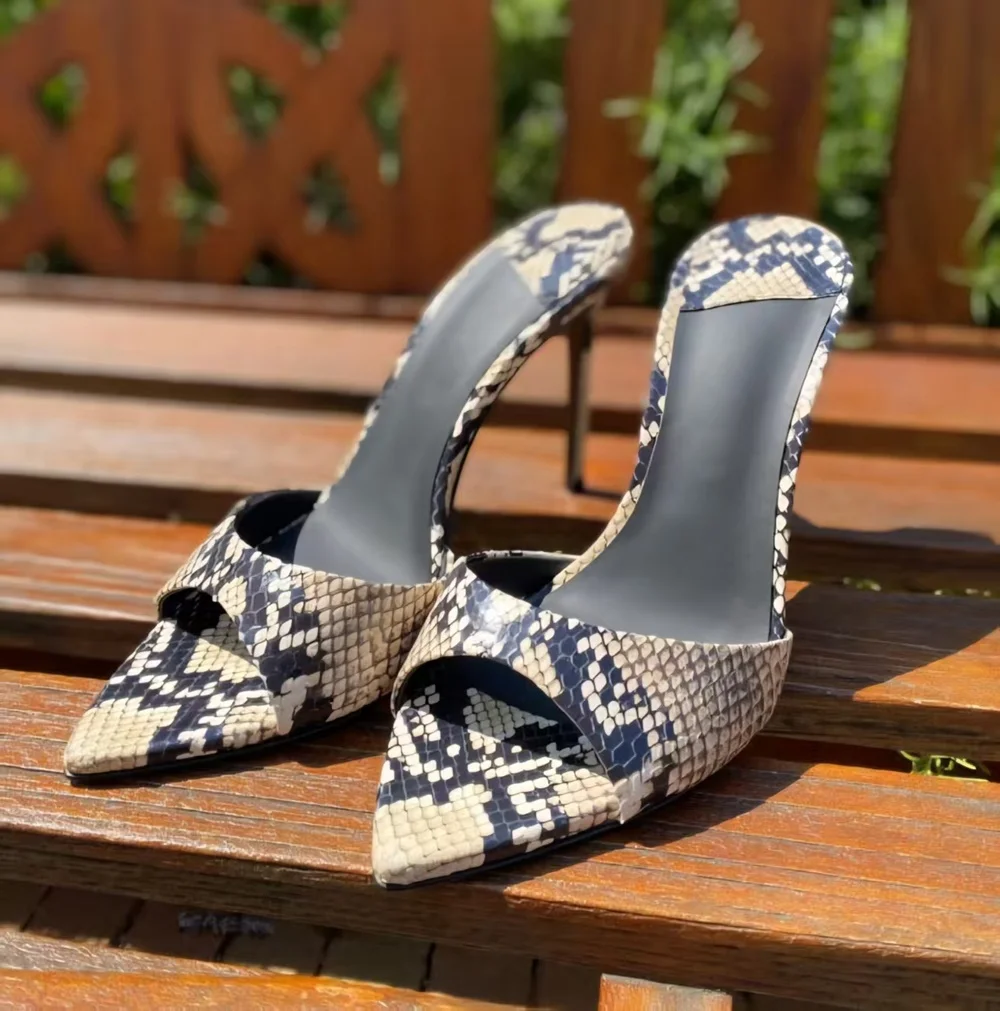 

Snakeskin Print Pointed-Toe Stiletto Sandals Single Band Design Leather Slim High Heel Fashion Sexy Style for Outdoor Wear