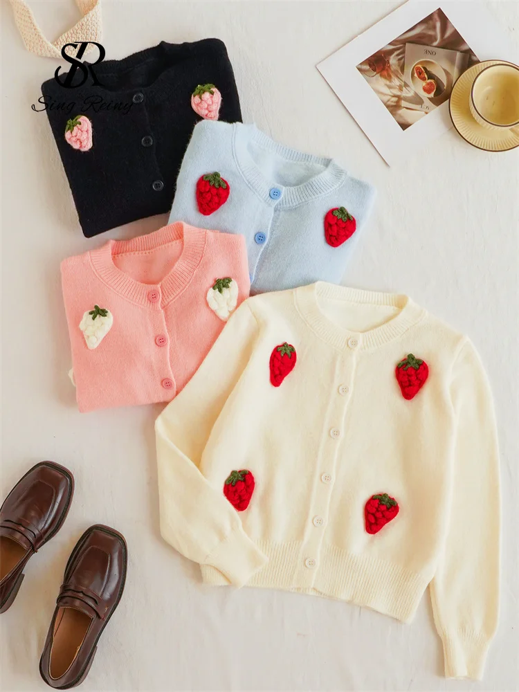 SINGREINY 2024 Fashion 3D Sweater Cardigan Female O-Neck Full Sleeves Single Breasted Strawberry Design Autumn Knitted Pullovers