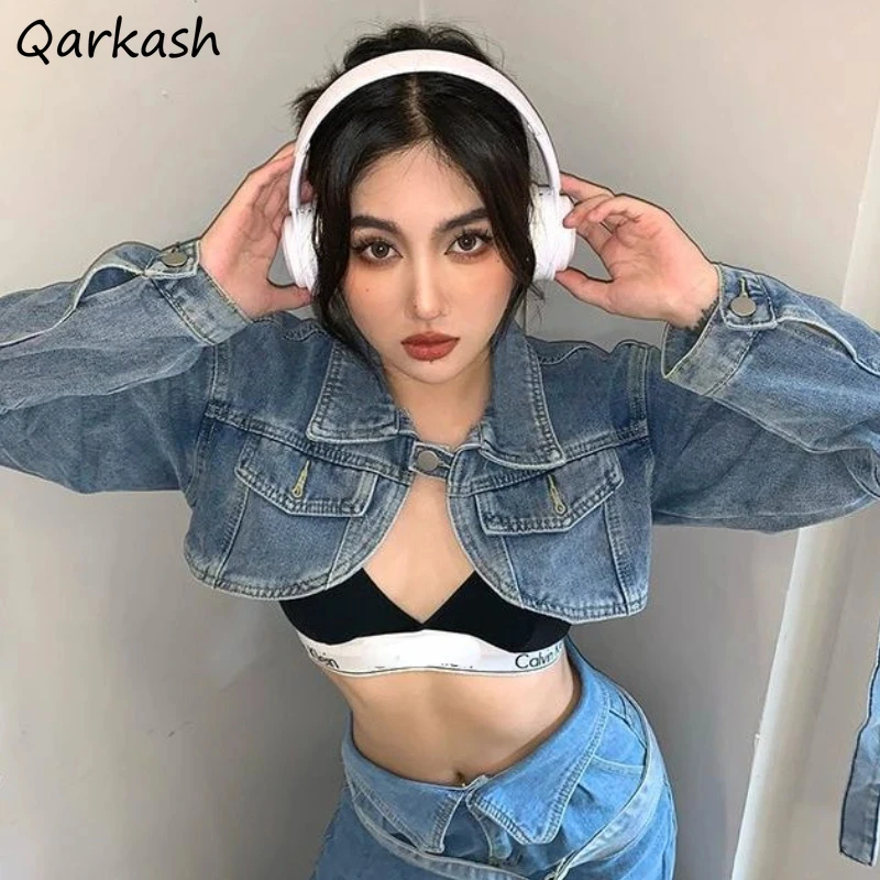

Crop Jackets Women Y2k Fashion Denim Outwear Vintage Hotsweet Single Button Tender Washed Chic All-match Streetwear Casual Basic