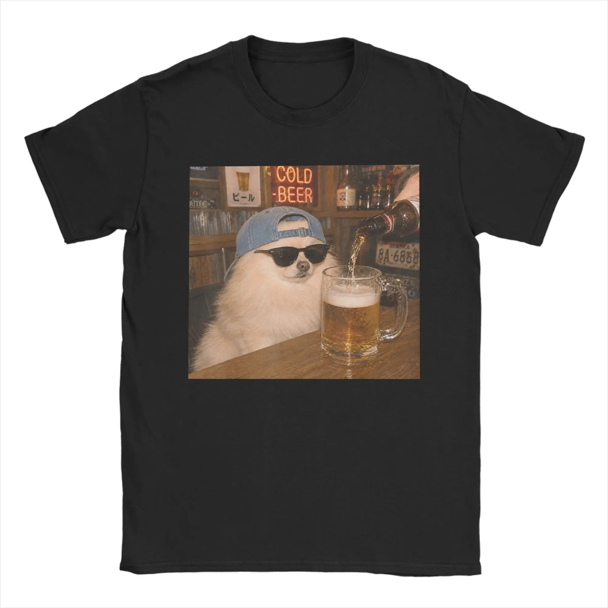 Camisetas divertidas con diseño de perro Pomeranian bebiendo cerveza para hombre, camisetas de algodón puro, camisetas de manga corta, ropa recién llegada