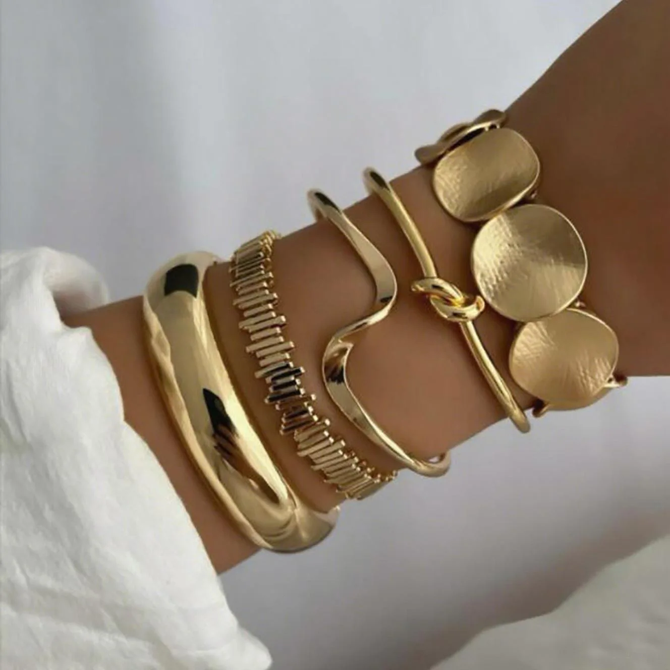 Stackable Vintage Chain and Open Cuff Bangle Mix Style Layered Wrist Bracelet Collection for Women Daily