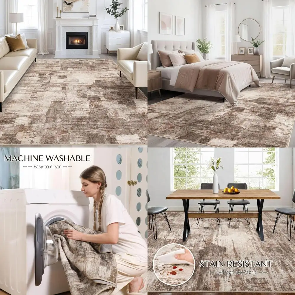 

Modern 9x12 Living Room Rug - Soft, Thin, Washable Area Rug for Home Interiors and Dining Spaces - Neutral Tones