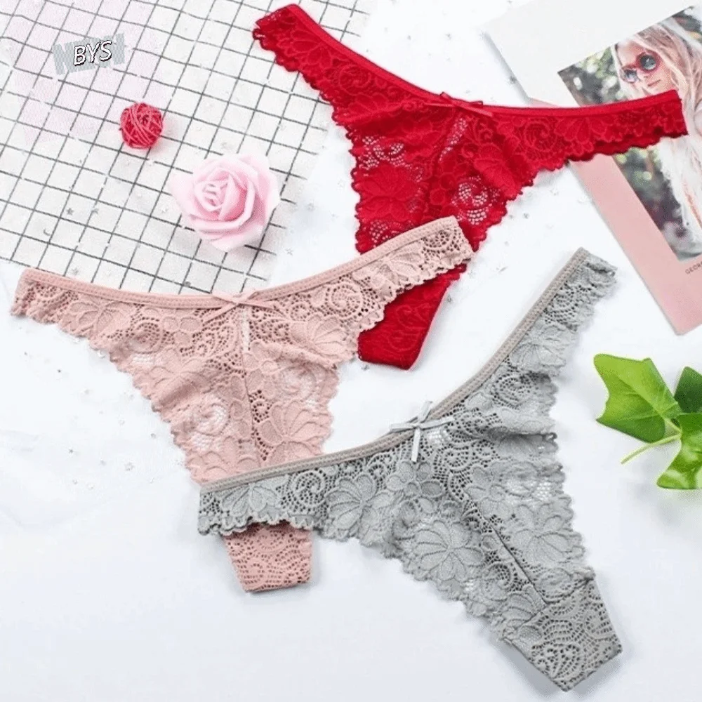 

Breathable Low Waist Lace Panties Bow Thong Underwear for Women Transparent Cotton Crotch Mesh Lace Briefs Lady