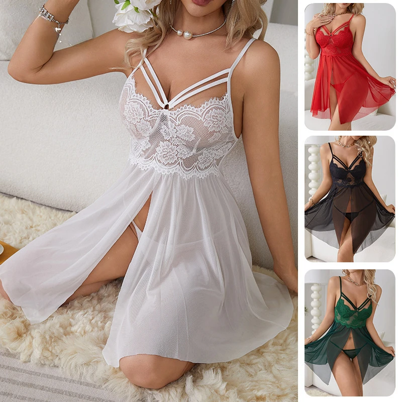 Chemise de nuit en maille transparente évidée, pyjama séduisant, dentelle licou, lingerie sexy, robes sexy