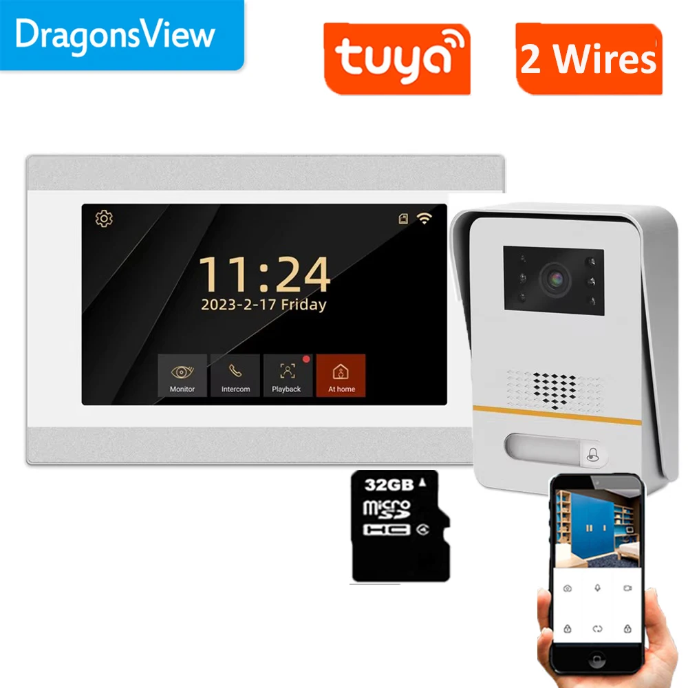 

Dragonsview 7-дюймовый 2-проводной видеодомофон Tuya, умный видеодомофон, дверной звонок с камерой, широкоугольное обнаружение движения