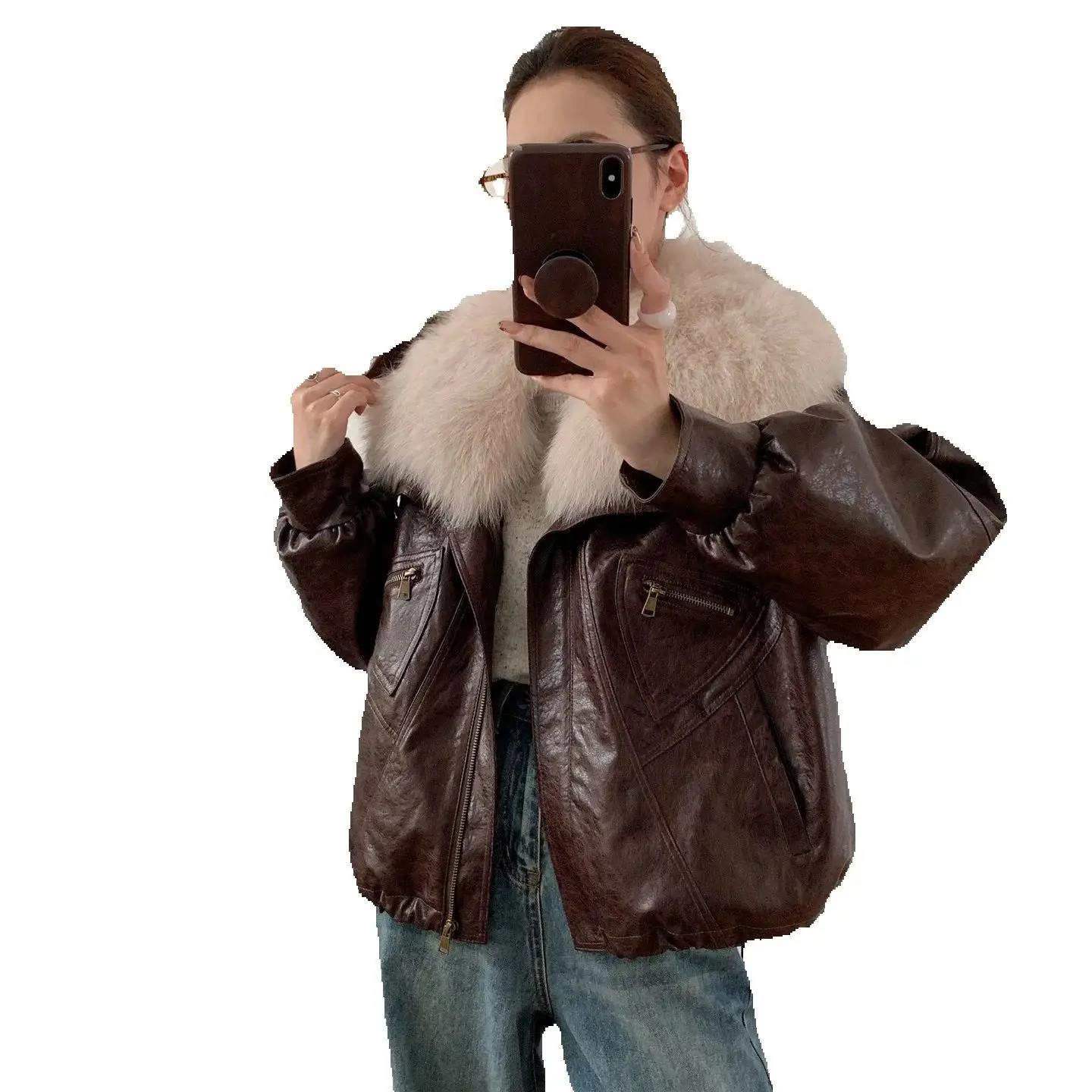 Winter new motorcycle oil wax leather suede velvet large fur collar fox fur fur coat for women