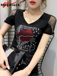 MadBlack Summer Korean Clothes T-Shirt Fashion Diamonds Lip Women Tops Cotton Short Sleeve Lace Sexy Back Shirt Tees New T03804