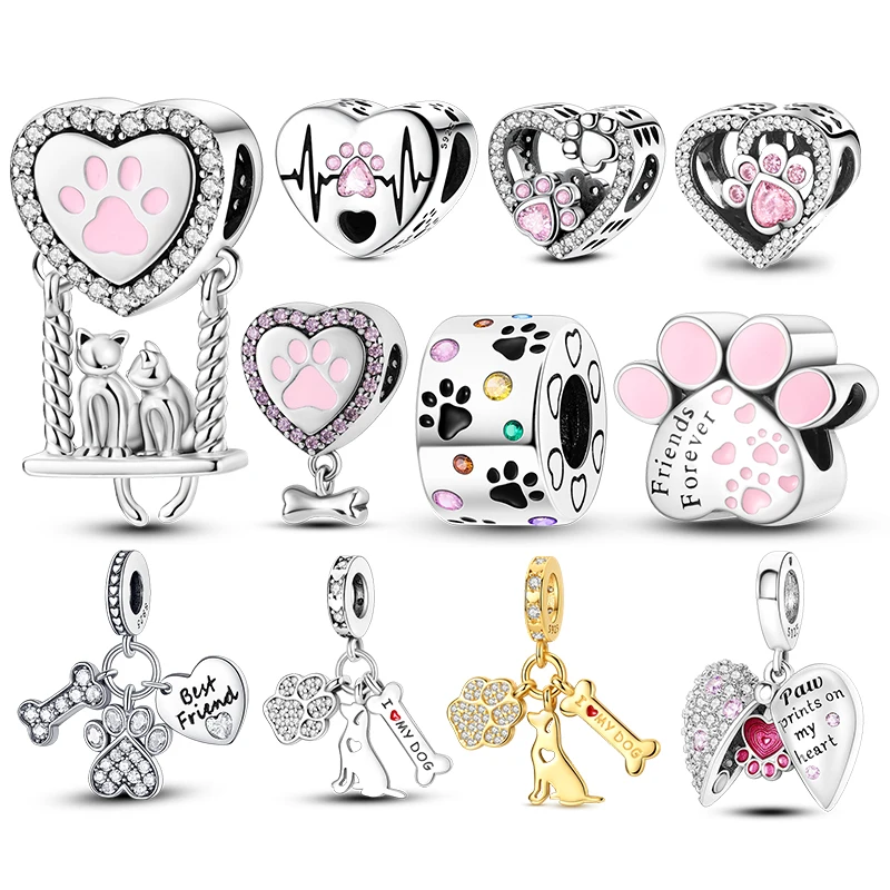 HOT Original 925 Silver Cute Dog Paw Prints Charms Beads Fits 3mm Bracelet Necklace For Women Pendants DIY Luxury Jewelry Gifts