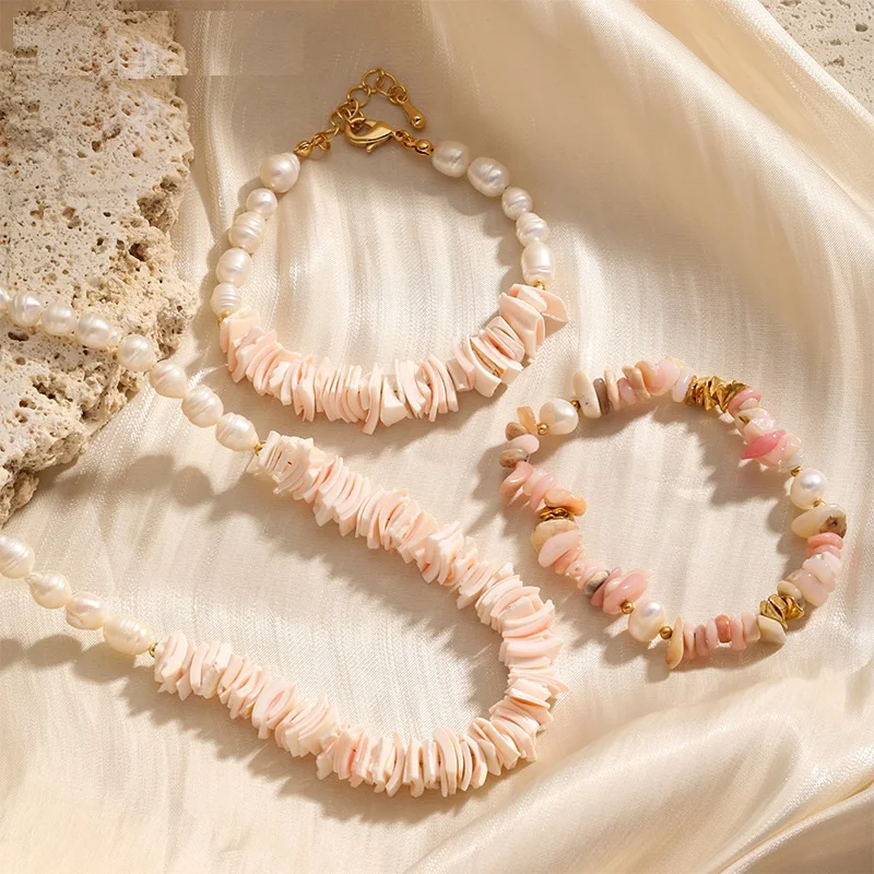 

Natural colorful shell pearl and stone beaded bracelet necklace set, beach irregular necklace, Men's and Women's Summer Gift