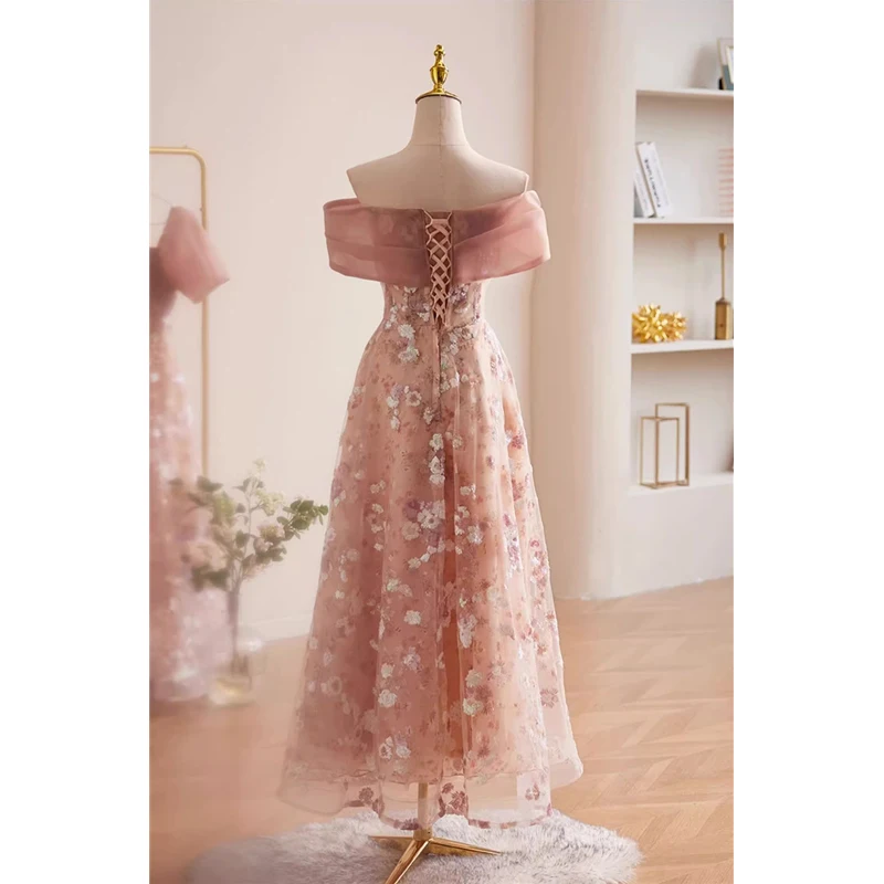 Bespoke Occasion Dress Pink Tulle Sequins Floral Off the Shoulder Pleat A-line Floor Length Plus size Women Evening Gown B2902