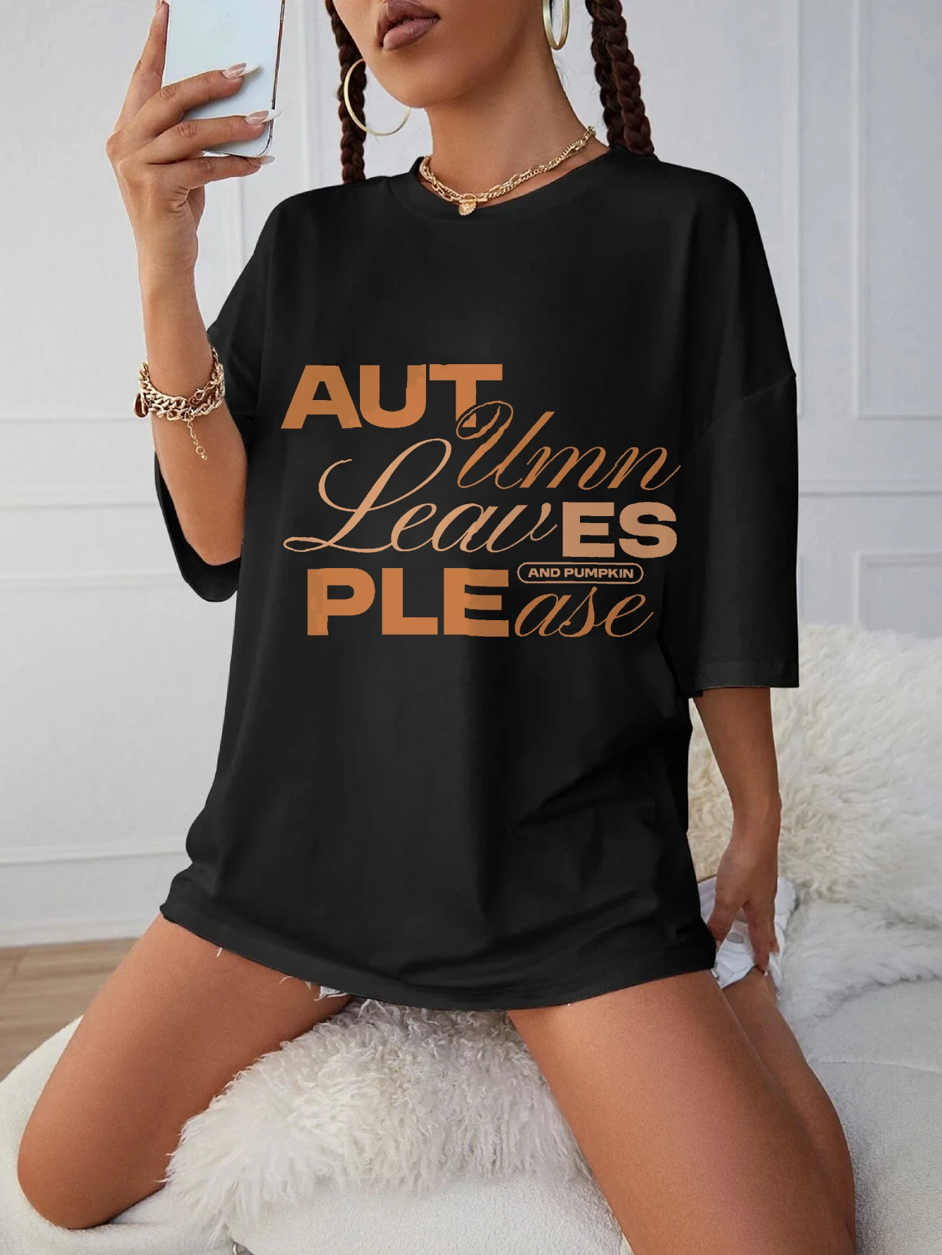 

AUTUMN LEAVES, осенний черный топ с круглым вырезом для женщин, удобная мягкая одежда больших размеров, идеально подходящая для праздничных нарядов на Хэллоуин