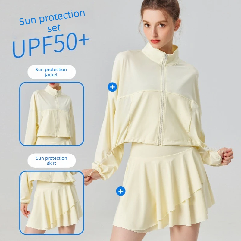 Women UPF50+ Sun Protection 2 Pcs Outdoor Outfit Zip Stand Collar Sun Jacket Quick Dry skirt Summer Golf Tennis Beach tracksuit
