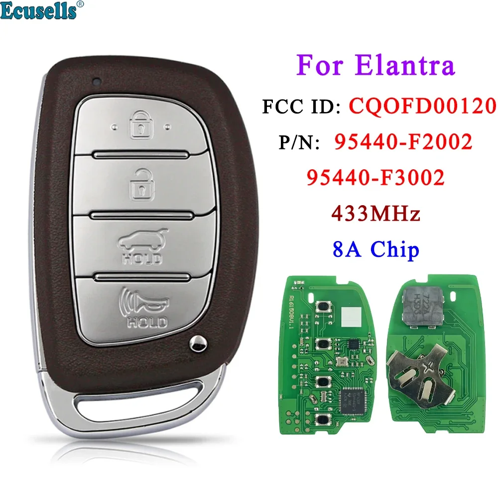 Ecusells 4 Button Smart Key Fob Keyless Go Remote Fob 8A Chip 433MHz 95440-F2002 F3002 CQOFD00120 for Hyundai Elantra 2019 2020