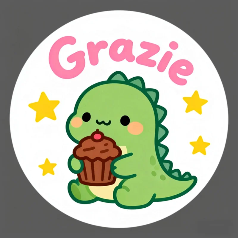 Pegatinas redondas: bonito diseño de dinosaurio verde "Grazie" con magdalenas de chocolate y estrellas amarillas para embalaje de regalo, decoración de tarjetas de felicitación