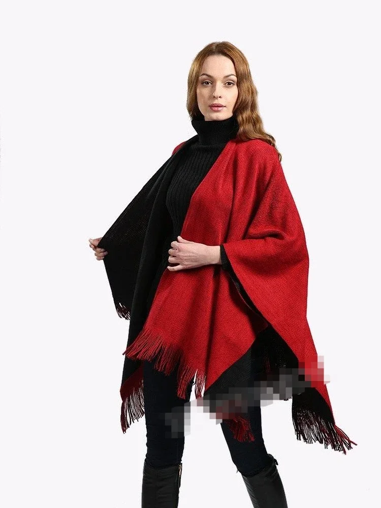 Women\'s Fashionable Print Shawl Cape Poncho with Double-sided Fringe Knit and Split Hem Capes & Ponchos Feminino Capes Q352