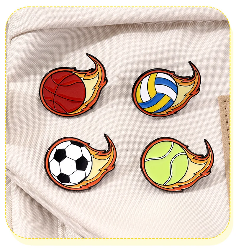 Cartoon Flame Ball Enamel Brooch Lapel Pin Football Basketball Volleyball Tennis Metal Sports Badge Clothes Jewelry Friends Gift
