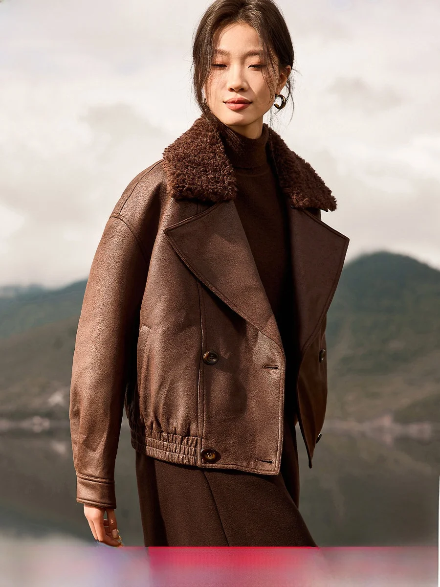 

Sli Retro Suede Motorcycle Jaet Thiened Collar Double Row Button Warm Winter Coat for Women Commute Sle Polyester F...