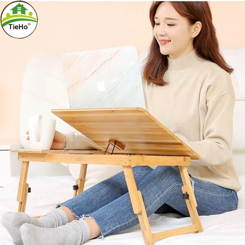 Adjustable Bamboo Notebook Table Lazy Bed Folding Desk  Studying Desk Small Dining Table with drawer