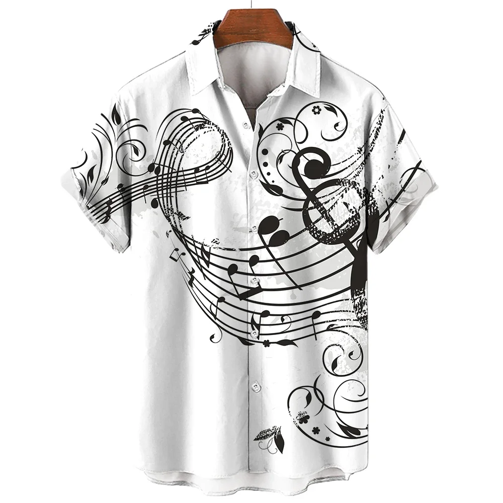 New Men's Shirt 2026 Summer Fashion Hawaiian Shirt Short Sleeve Lapel Top Music Symbol Pattern Print Shirt Oversized Man Clothes