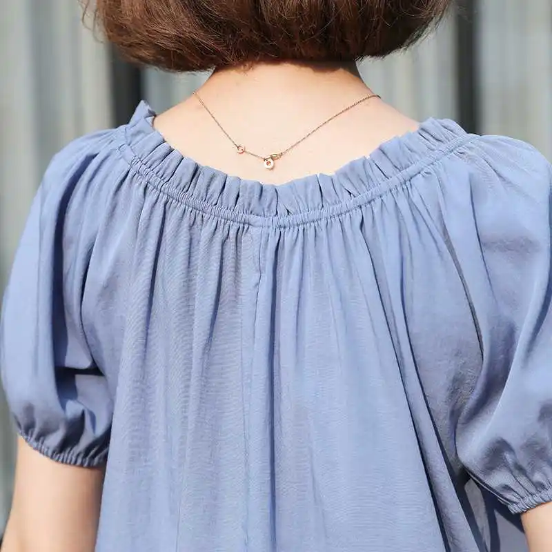

Women's One-Line Collar Strapl irt Spring New Elastic ort Sve Sweet Sle Pure Color Cotton 00% Bubble Sve