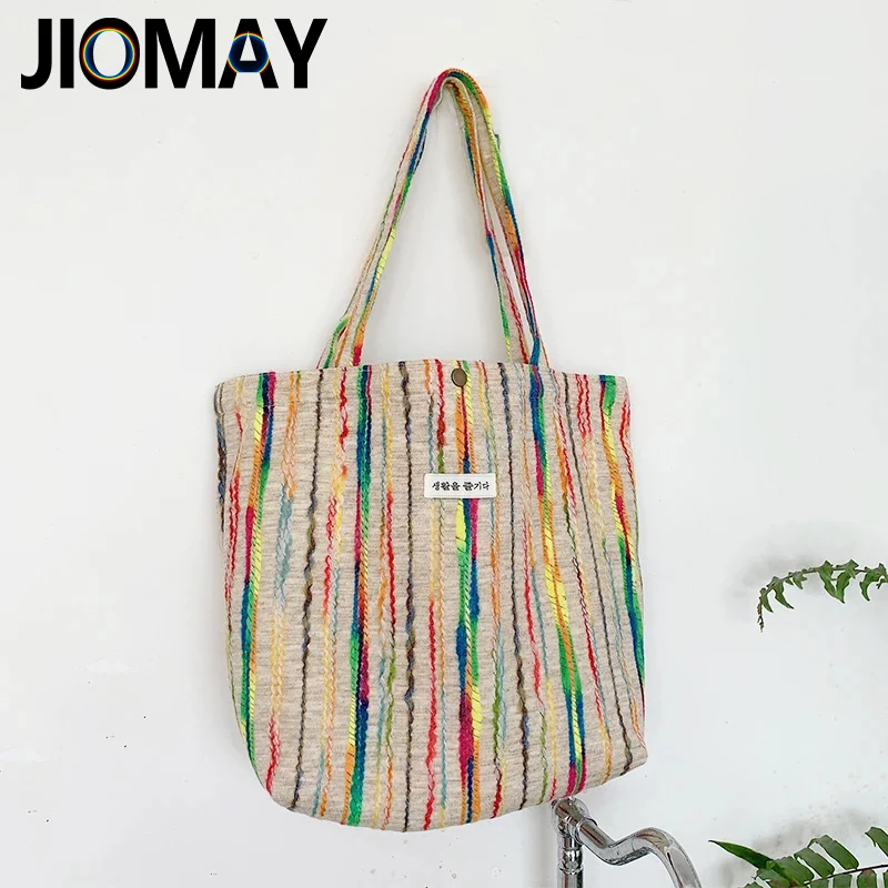 JIOMAY Handbags for Women 2024 Designer Beach Bag Casual with Buckle Cute Tote Bags Stripes Shopper Rainbow Canvas Shoulder Bag