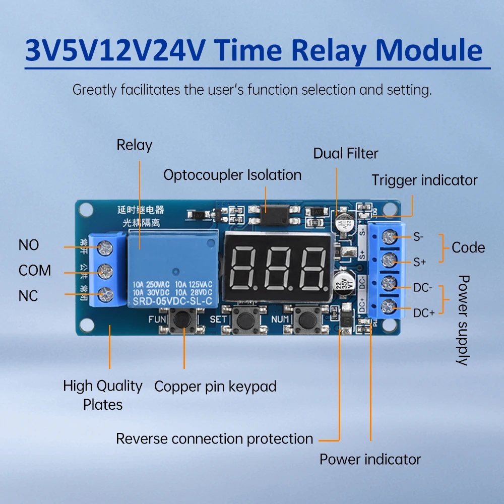 Time Relay Module 3V 5V 12V 24V Multi Functional LED 3 Digital Display Delay Start Relay Module 3 Buttons Voltage Relay AC 250V