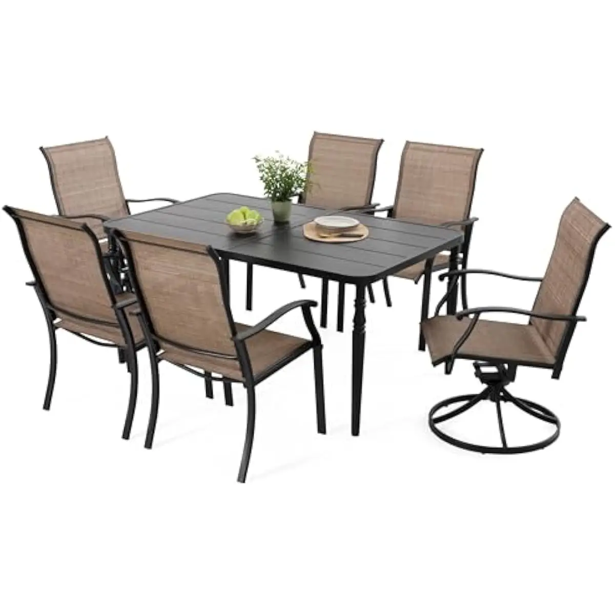 7-Piece Outdoor Dining Set Featuring Turned-Leg Table with Umbrella Hole Lid, 2 Swivel Chairs with 360-Degree Rotation & Rocking