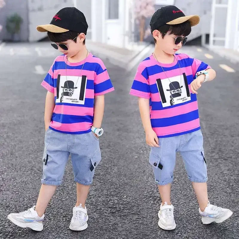 Summer Boys Clothing 2024 Kids Clothes Stripe Cotton T-shirt+Jeans Pant Boy Sets Infant Newborn Clothing 3 4 5 6 7 8 10 12 Years