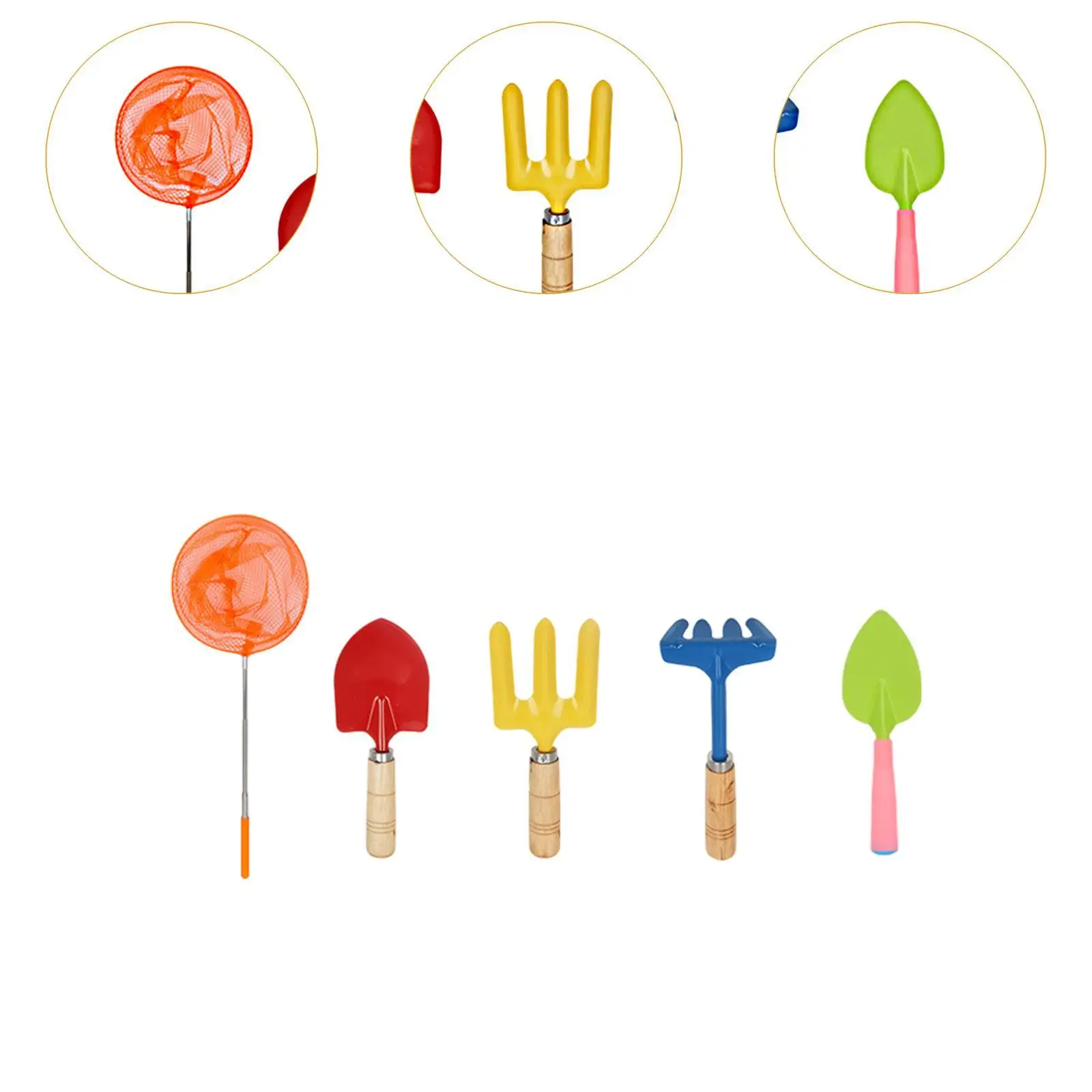 5 Pieces Kids Gardening Tools Beach Sand Toys Portable Lightweight Anti Slip Grip including Fishing Net Shovels Rake Fork