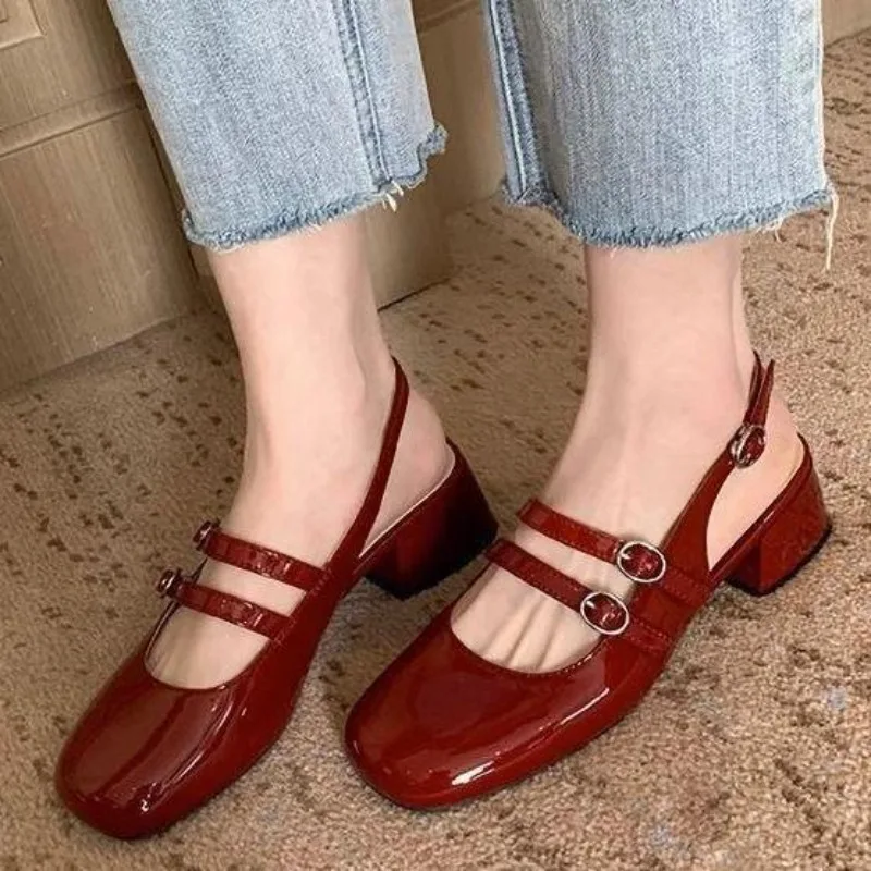 Ladies Shoes 2025 High Quality Patent Leather High Heels Sandals Two Buckle Coarse Following Single Shoes Femme Lolita Footwear
