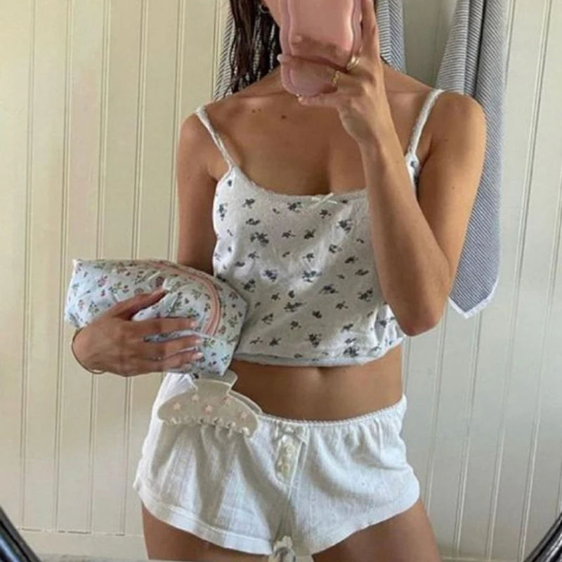 Comfy Pajamas Women Sweet 2 Piece Loungewear Cutest Outfits Lace Trim Bow Cami Crop Tops + Shorts Y2K Fairycore Streetwear