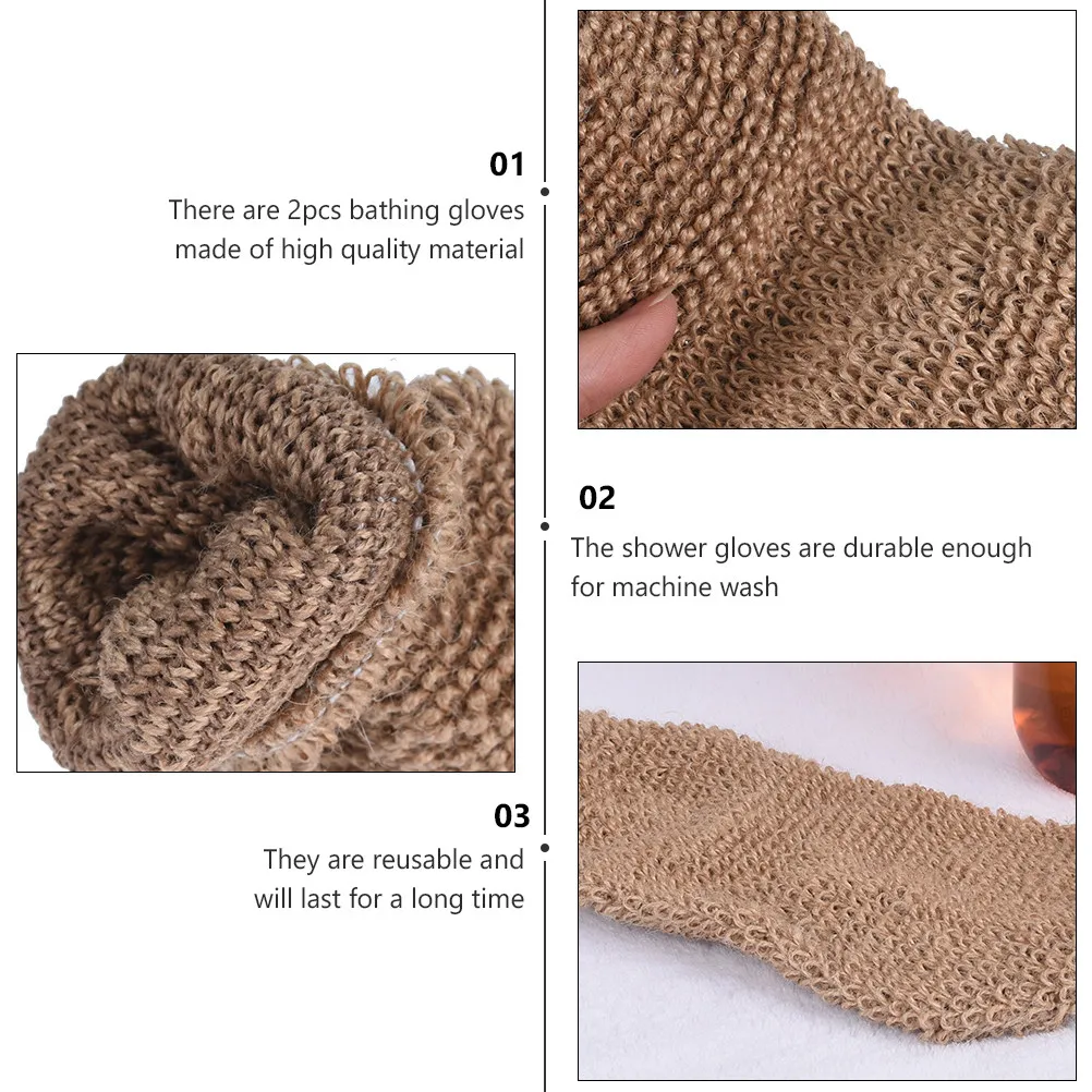 2Pcs Bath Gloves Exfoliating Mitten for Body Massage Back Scrubbing Dead Skin Removal Gentle on Skin Machine Washable Brown