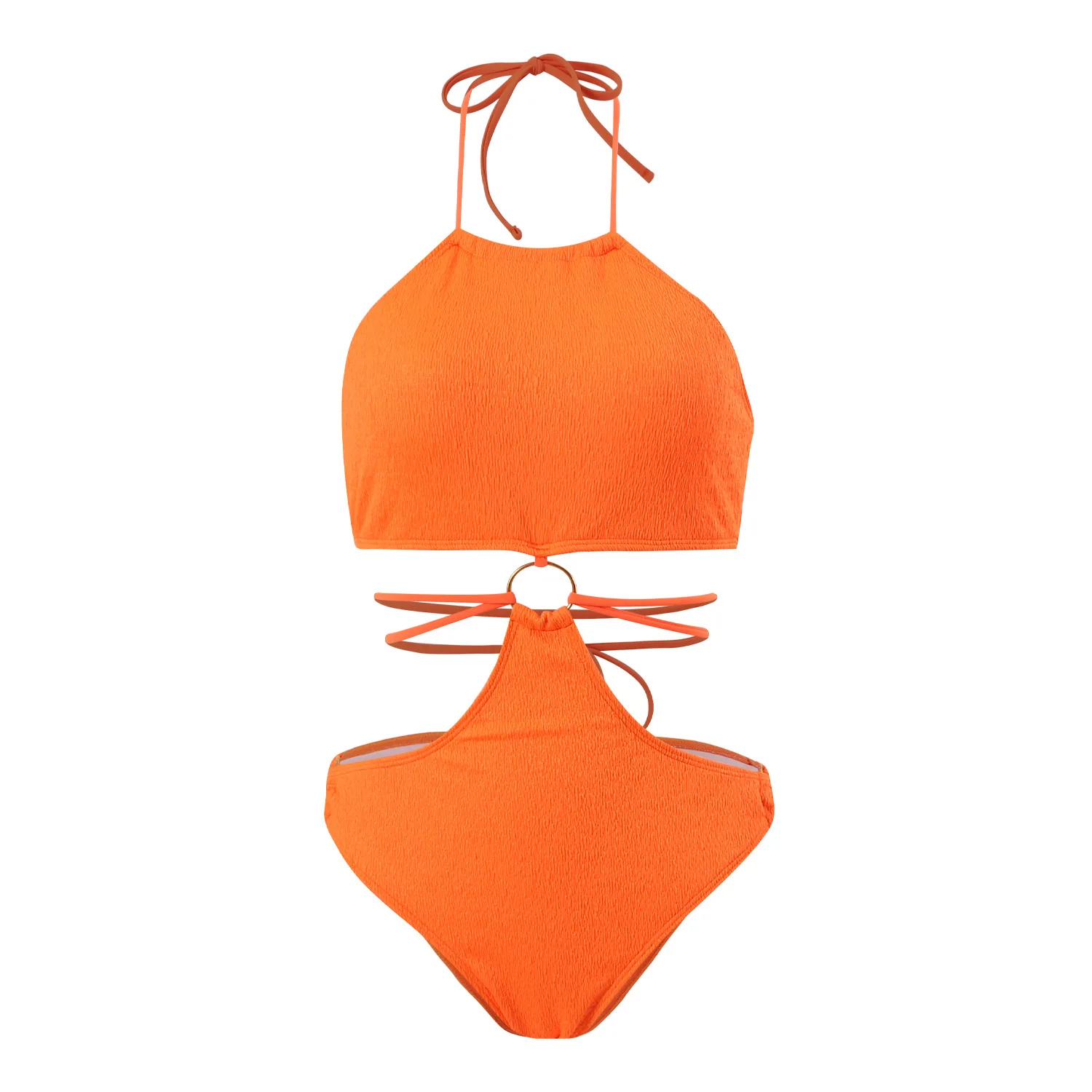 

Orange Textured Bikini Set High Neck Tie Back Swimsuit for Women Sexy One Piece Bathing Suit Beach Vacation Swimwear