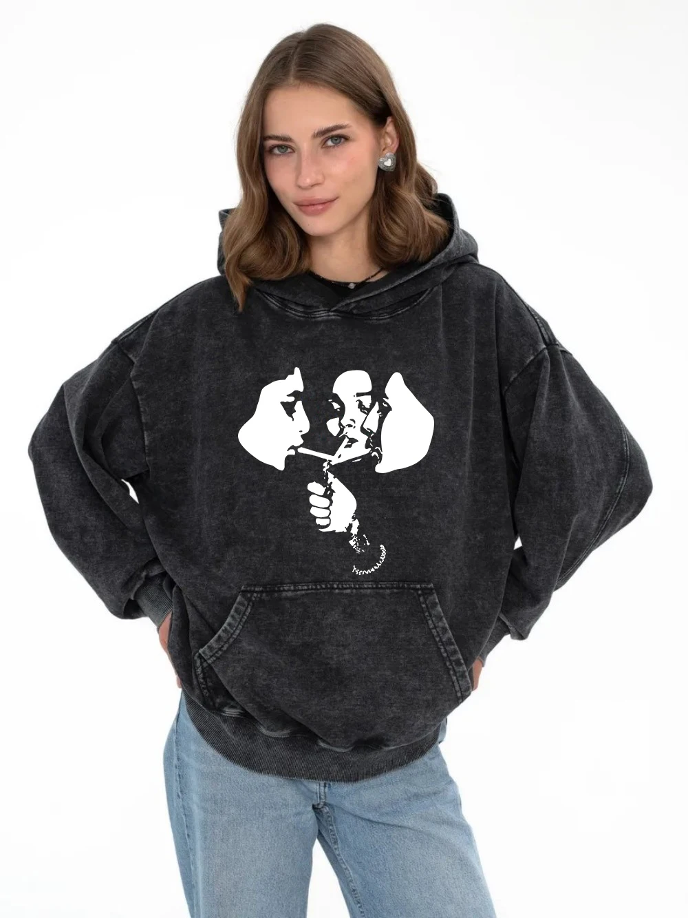 

Cotton Woman Acid Wash Hoodies Silhouettes Of People Smoking Print Tops Oversize Pocket Warm Pullovers Autumn Female Clothes