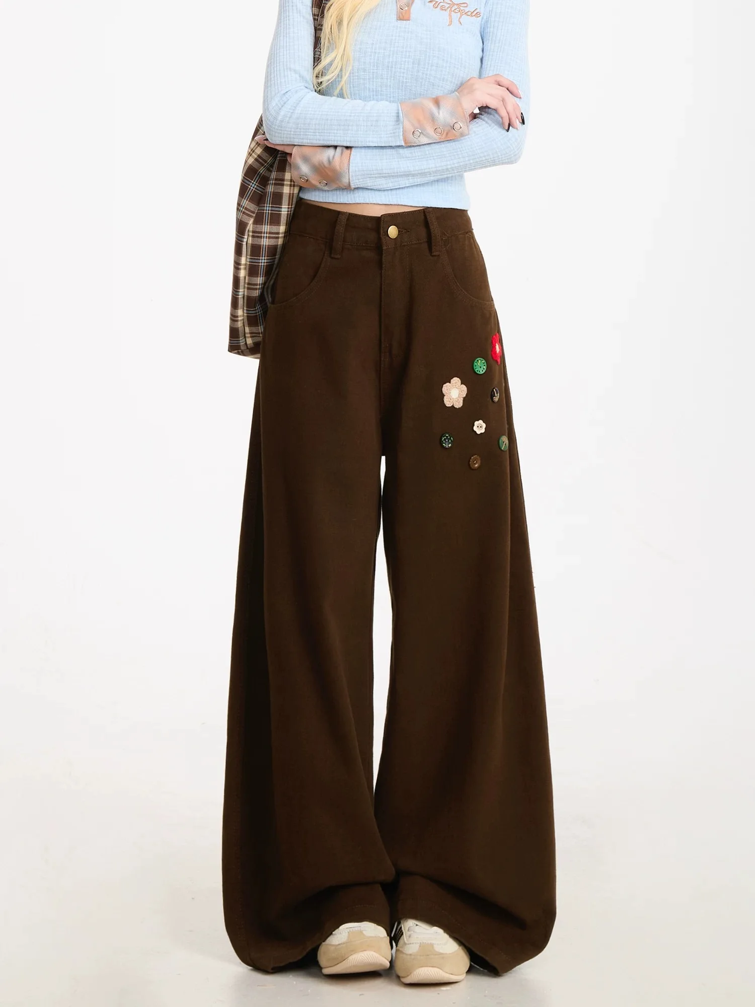 

Y2K Workwear Pants Women Flower Button Straight Leg Retro Wide Slimming Casual Jeans