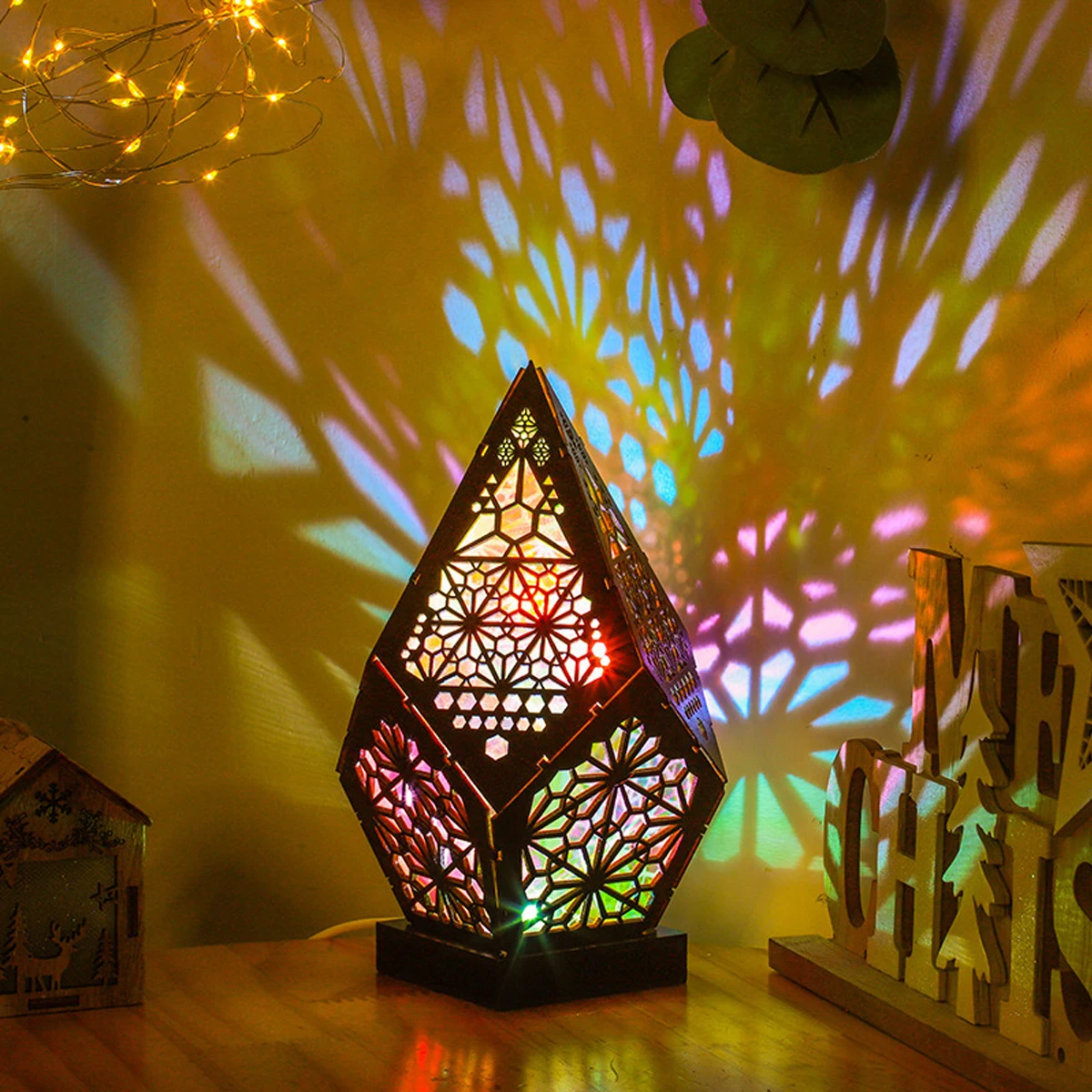 Wooden Bohemian Floor Lamp, USB Hollow Geometric Colorful Lights Vintage Bohemian Lamp, LED Colorful Diamond Lights 3D Projectio