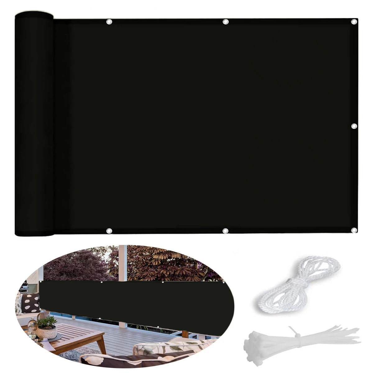 

Экран конфиденциальности на балконе, ткань для наружного солнцезащитного козырька, крышка для садового забора, защита для перил квартиры с веревочными стяжками - черный