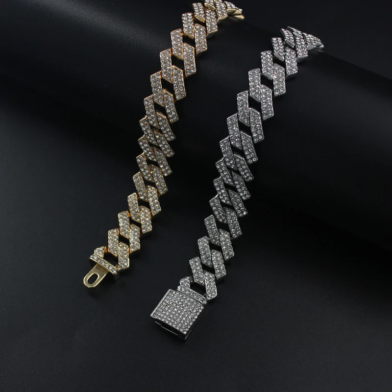 Hip Hop 15MM Rhinestone Prong Iced Out Cuban Link Chain Bracelet Men Women Silver Gold Color Rhombus Cuban Bracelets Jewelry